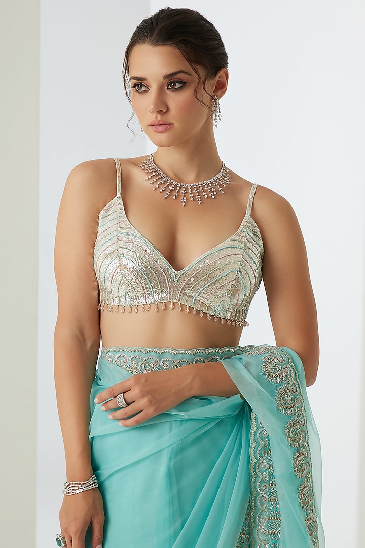 Light Firozi Organza Embellished Wedding Saree Set by Sureena Chowdhri at Pernia's Pop Up Shop