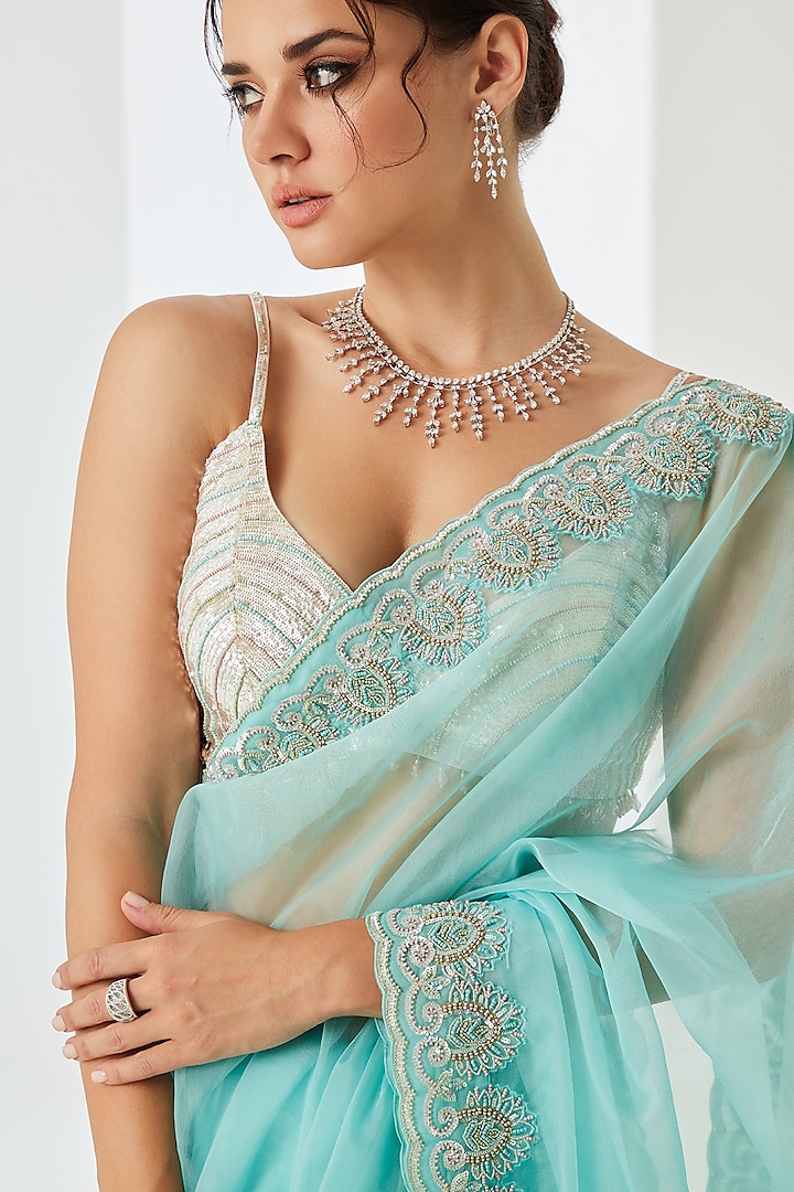 Light Firozi Organza Embellished Wedding Saree Set by Sureena Chowdhri at Pernia's Pop Up Shop