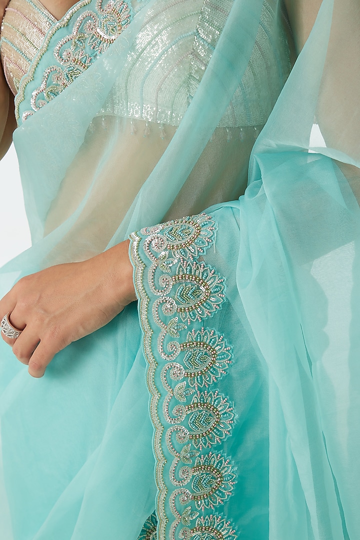 Light Firozi Organza Embellished Wedding Saree Set by Sureena Chowdhri at Pernia's Pop Up Shop