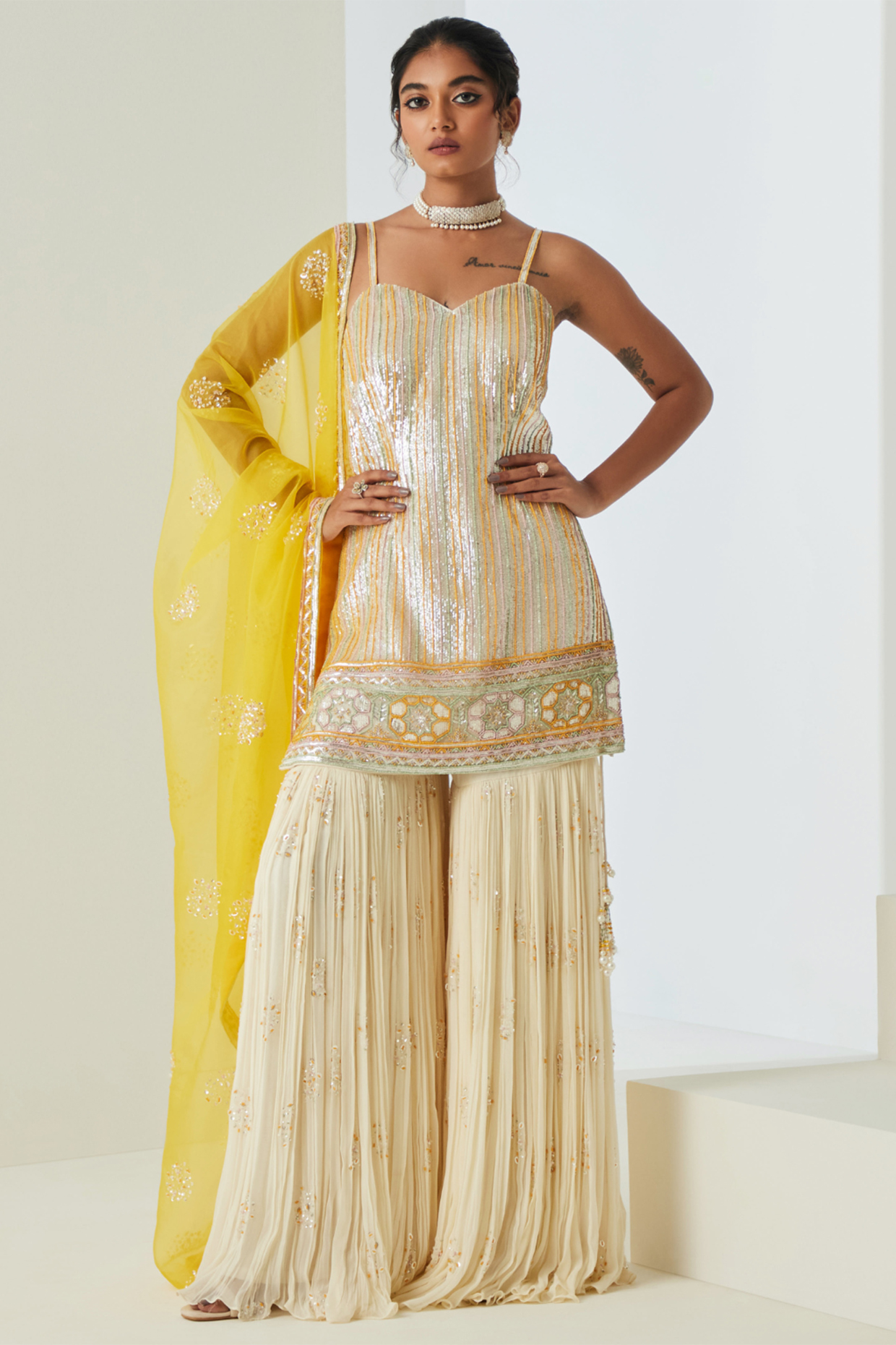 Ivory Georgette Gharara Set by Sureena Chowdhri at Pernia's Pop Up Shop