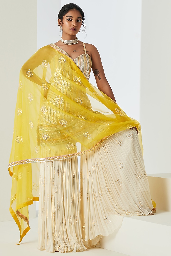 Ivory Georgette Gharara Set by Sureena Chowdhri at Pernia's Pop Up Shop