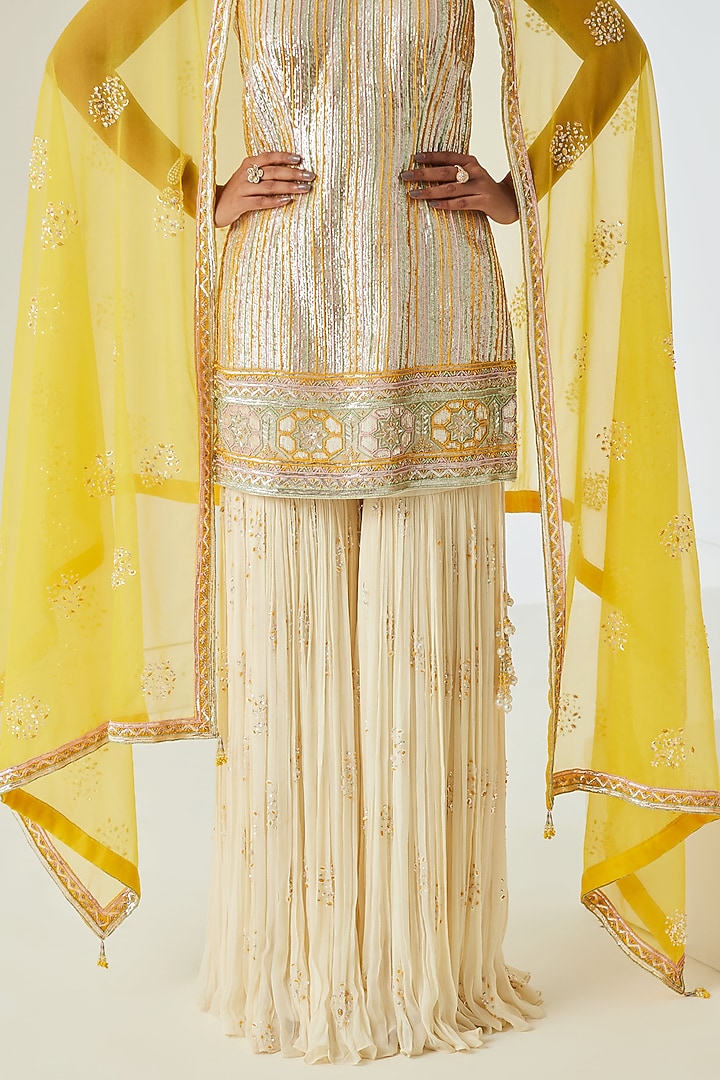 Ivory Georgette Gharara Set by Sureena Chowdhri at Pernia's Pop Up Shop