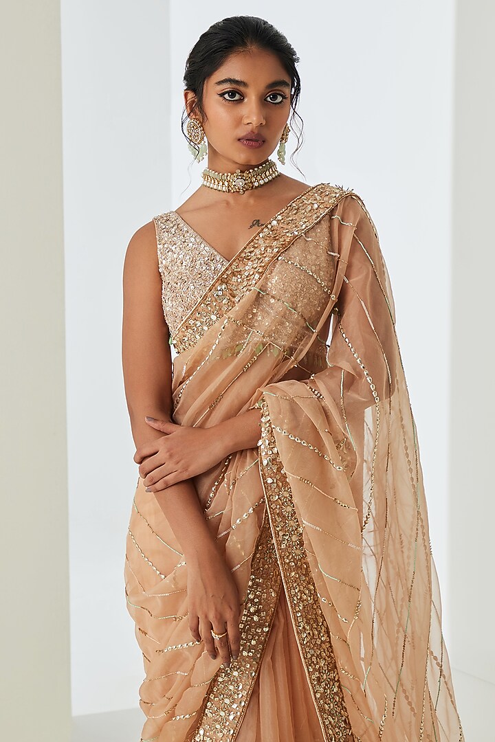 Deep Beige Organza Embellished Wedding Saree Set by Sureena Chowdhri at Pernia's Pop Up Shop