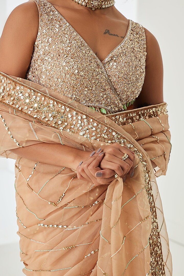 Deep Beige Organza Embellished Wedding Saree Set by Sureena Chowdhri at Pernia's Pop Up Shop