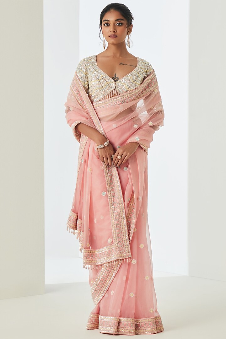 Blush Pink Organza Wedding Saree Set by Sureena Chowdhri at Pernia's Pop Up Shop