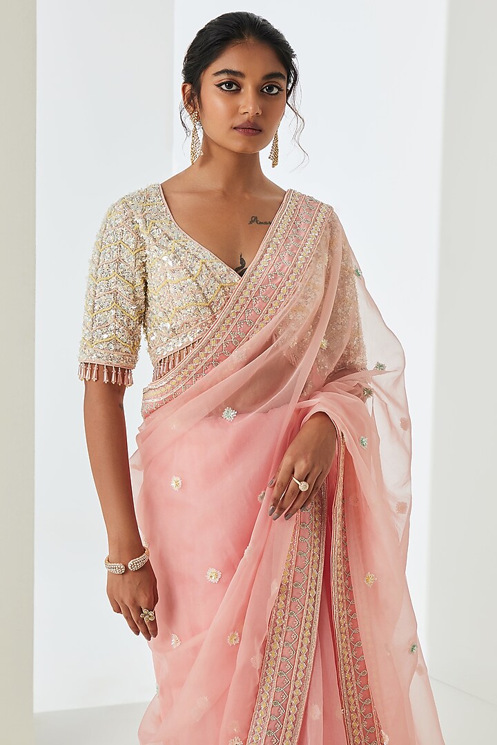 Blush Pink Organza Wedding Saree Set by Sureena Chowdhri at Pernia's Pop Up Shop