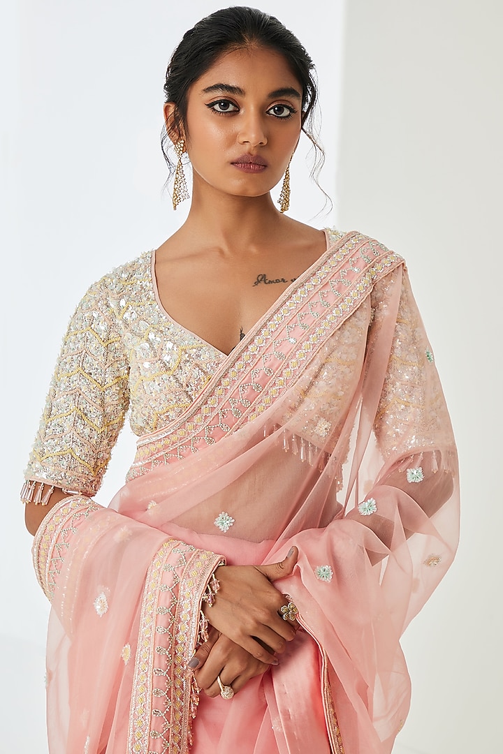 Blush Pink Organza Wedding Saree Set by Sureena Chowdhri at Pernia's Pop Up Shop