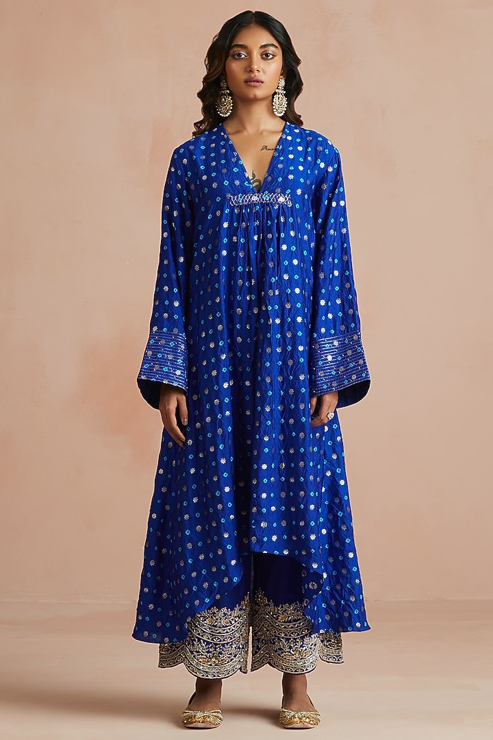 Ink Blue Bandhani Silk Kurta Set by Sureena Chowdhri at Pernia's Pop Up Shop