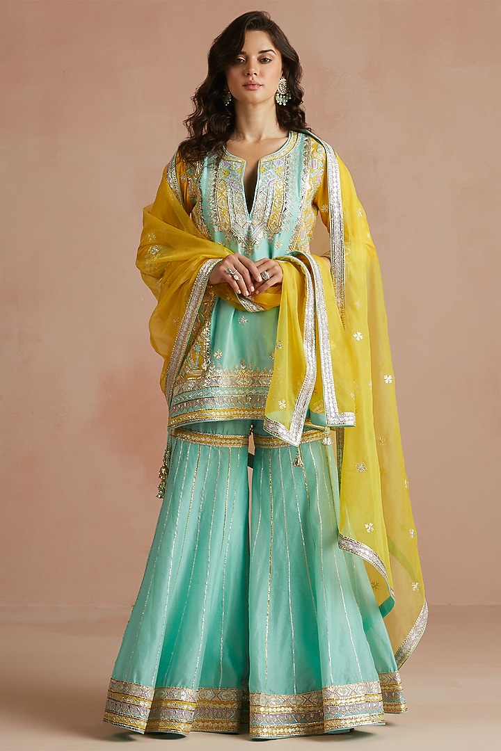 Dark Sea Green Silk Chanderi Gharara Set by Sureena Chowdhri at Pernia's Pop Up Shop