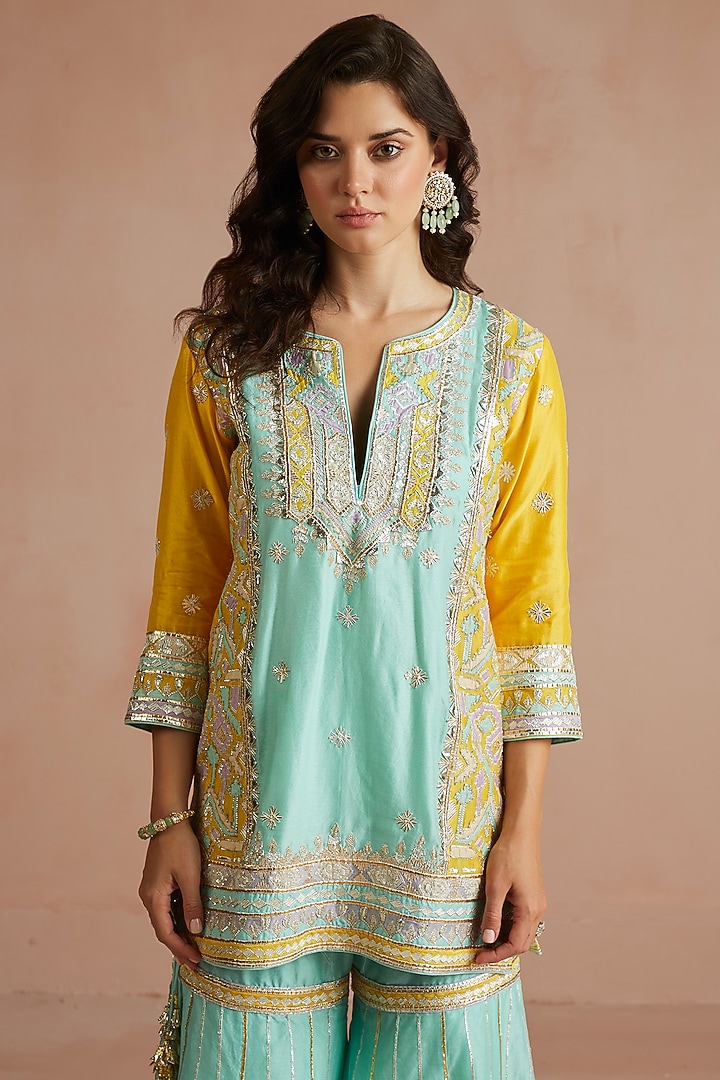 Dark Sea Green Silk Chanderi Gharara Set by Sureena Chowdhri at Pernia's Pop Up Shop