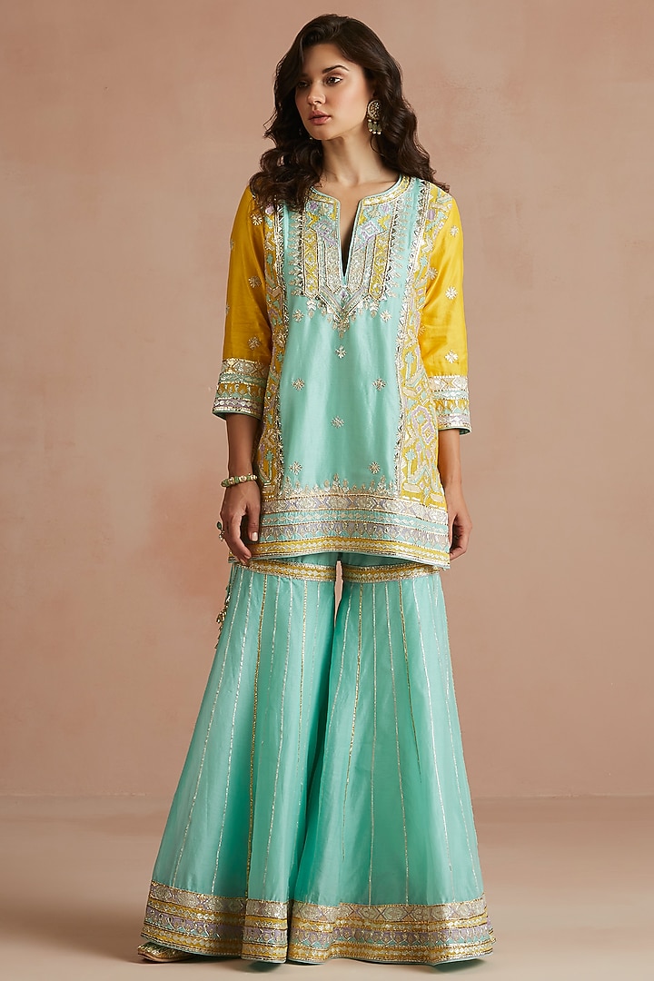 Dark Sea Green Silk Chanderi Gharara Set by Sureena Chowdhri at Pernia's Pop Up Shop