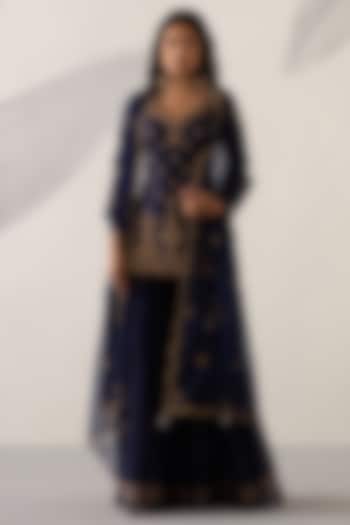 Sapphire Blue Silk Chanderi Gharara Set by Sureena Chowdhri at Pernia's Pop Up Shop