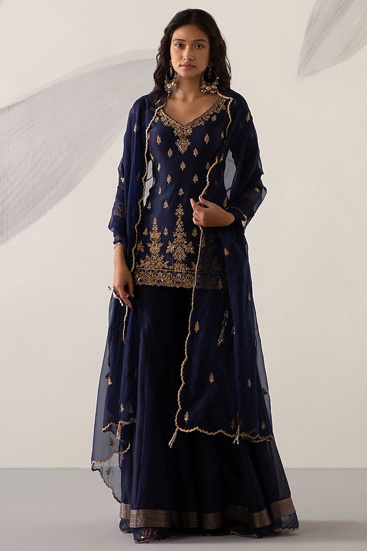 Sapphire Blue Silk Chanderi Gharara Set by Sureena Chowdhri