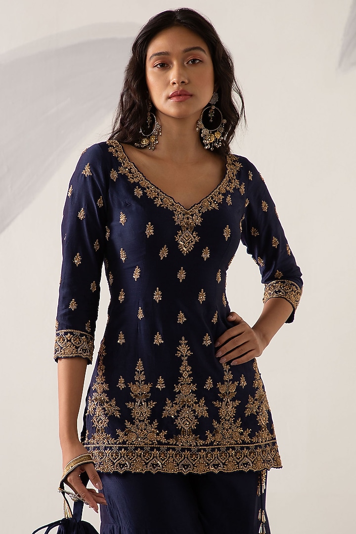 Sapphire Blue Silk Chanderi Gharara Set by Sureena Chowdhri at Pernia's Pop Up Shop