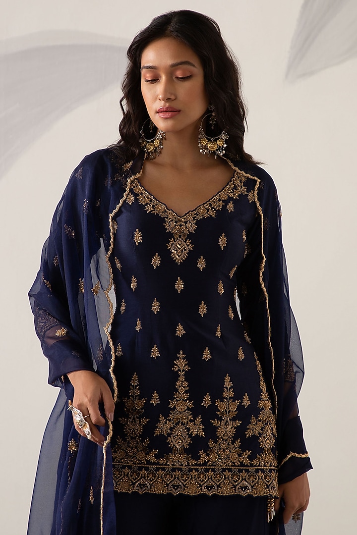 Sapphire Blue Silk Chanderi Gharara Set by Sureena Chowdhri at Pernia's Pop Up Shop