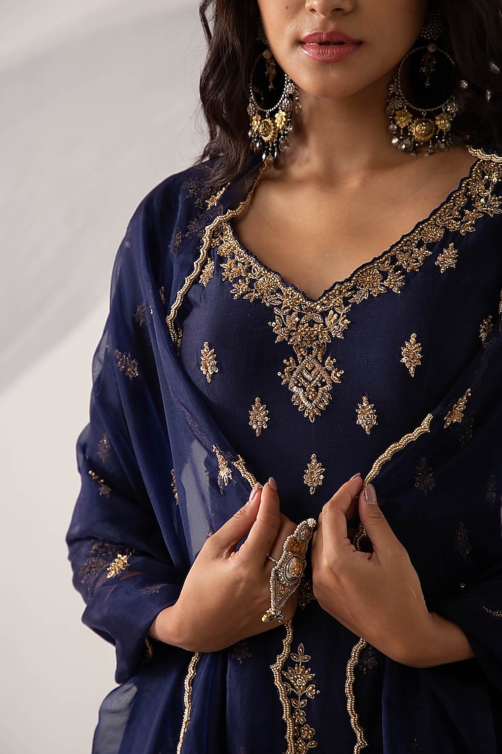Sapphire Blue Silk Chanderi Gharara Set by Sureena Chowdhri at Pernia's Pop Up Shop