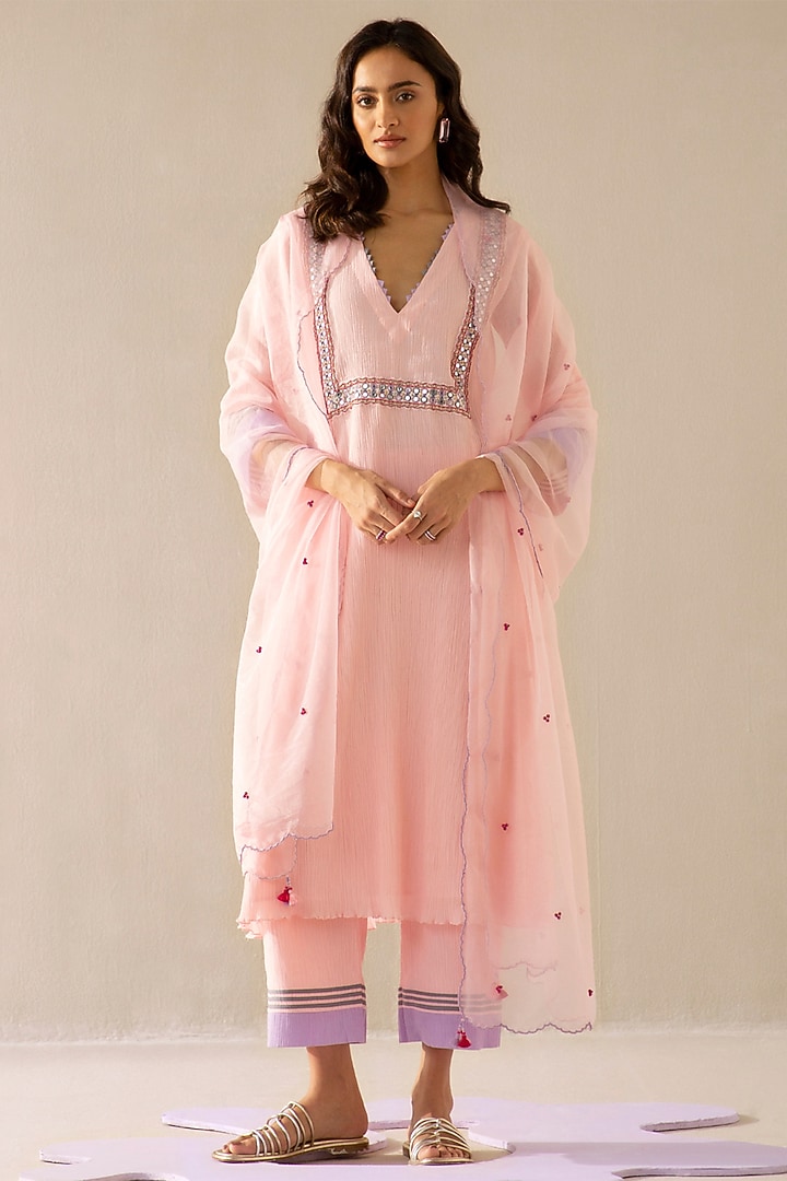 Candy Pink Cotton Gauze Kurta Set by Sureena Chowdhri at Pernia's Pop Up Shop