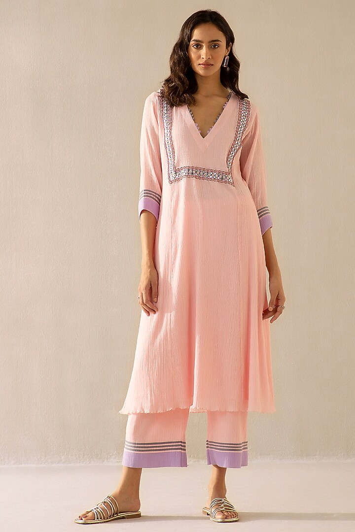 Candy Pink Cotton Gauze Kurta Set by Sureena Chowdhri at Pernia's Pop Up Shop