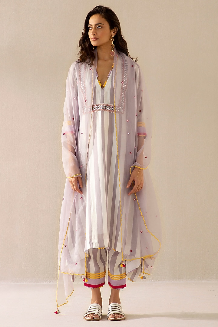 Mauve Grey Cotton Chanderi Embroidered Kurta Set by Sureena Chowdhri at Pernia's Pop Up Shop