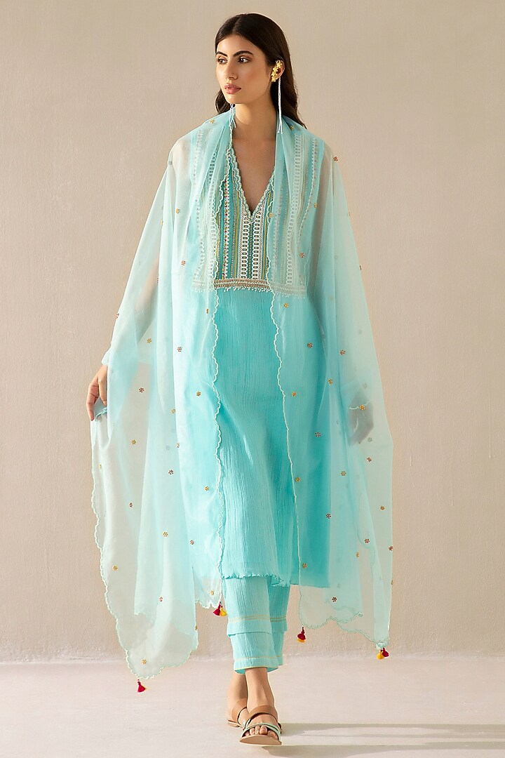 Ice Blue Cotton Gauze Embroidered Kurta Set by Sureena Chowdhri at Pernia's Pop Up Shop