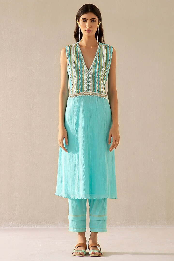Ice Blue Cotton Gauze Embroidered Kurta Set by Sureena Chowdhri at Pernia's Pop Up Shop