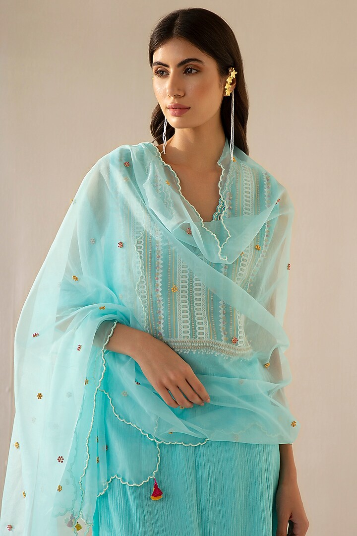 Ice Blue Cotton Gauze Embroidered Kurta Set by Sureena Chowdhri at Pernia's Pop Up Shop