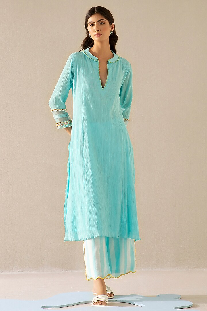 Ice Blue Cotton Gauze Kurta Set by Sureena Chowdhri at Pernia's Pop Up Shop