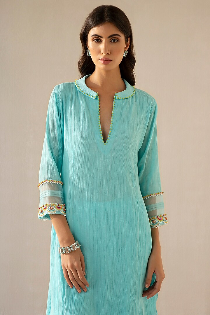 Ice Blue Cotton Gauze Kurta Set by Sureena Chowdhri at Pernia's Pop Up Shop