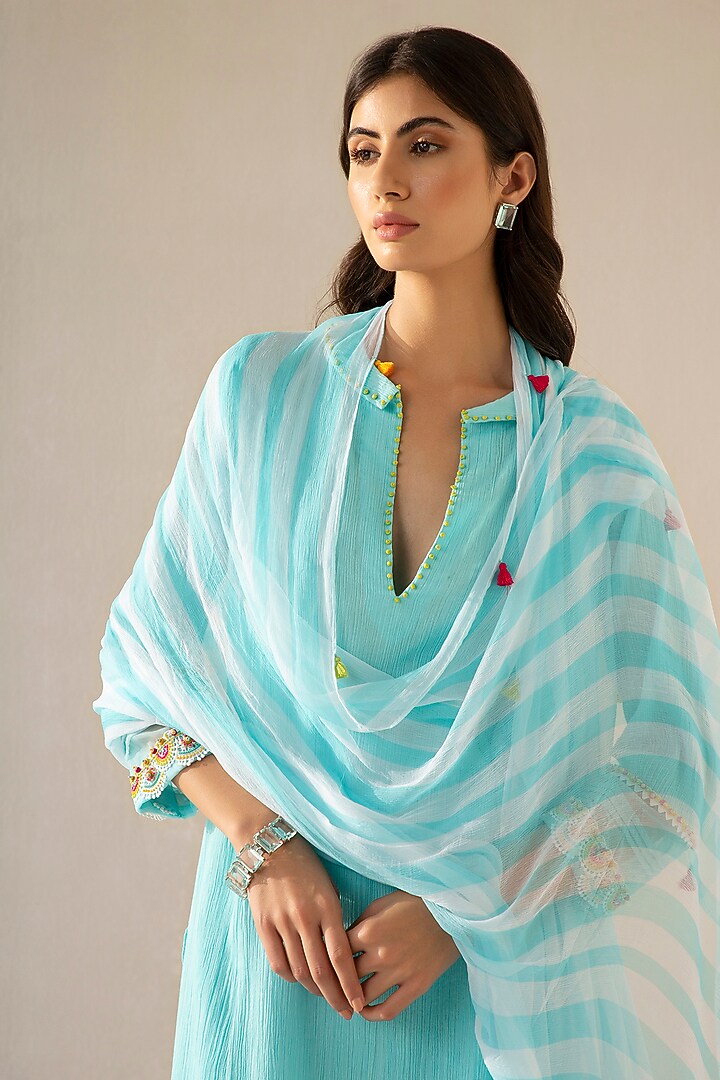 Ice Blue Cotton Gauze Kurta Set by Sureena Chowdhri at Pernia's Pop Up Shop