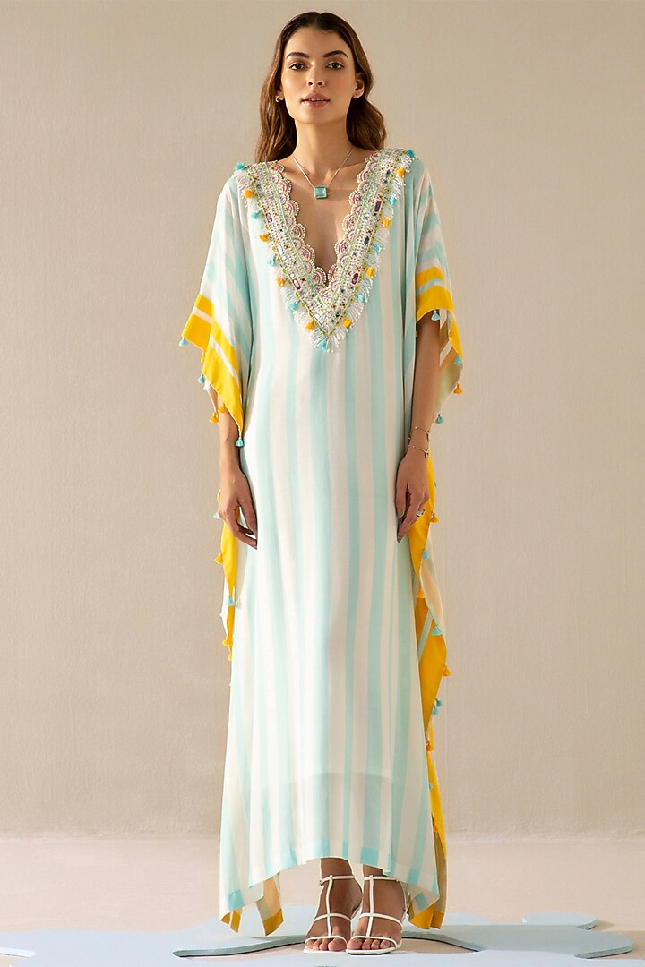 Ice Blue & Ivory Muslin Embroidered Kaftan by Sureena Chowdhri at Pernia's Pop Up Shop