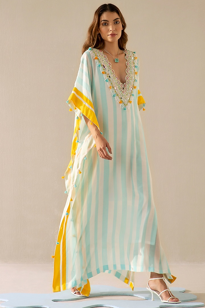 Ice Blue & Ivory Muslin Embroidered Kaftan by Sureena Chowdhri at Pernia's Pop Up Shop