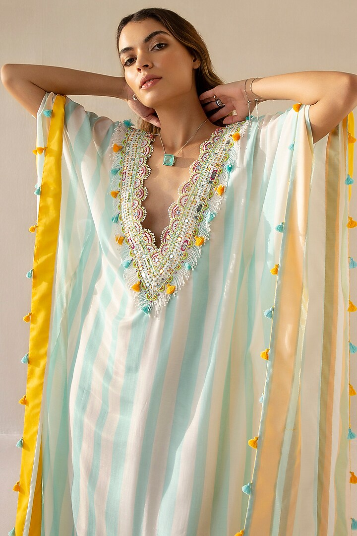 Ice Blue & Ivory Muslin Embroidered Kaftan by Sureena Chowdhri at Pernia's Pop Up Shop