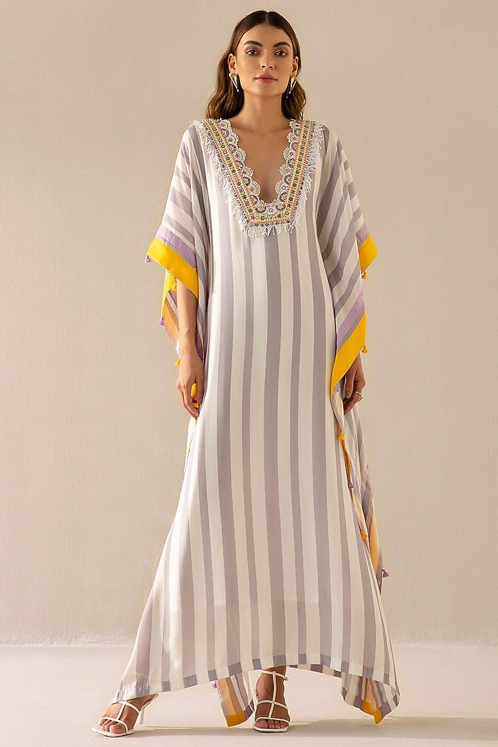 Mauve Grey & Ivory Muslin Embroidered Kaftan by Sureena Chowdhri at Pernia's Pop Up Shop