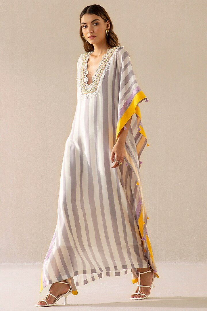 Mauve Grey & Ivory Muslin Embroidered Kaftan by Sureena Chowdhri at Pernia's Pop Up Shop