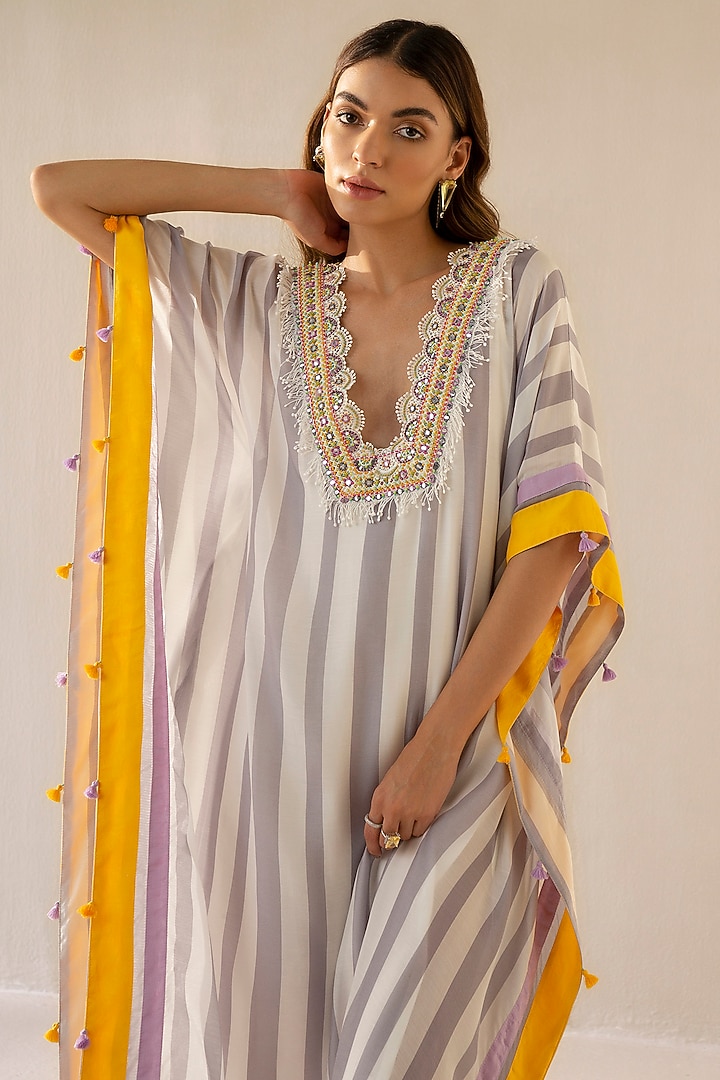 Mauve Grey & Ivory Muslin Embroidered Kaftan by Sureena Chowdhri at Pernia's Pop Up Shop