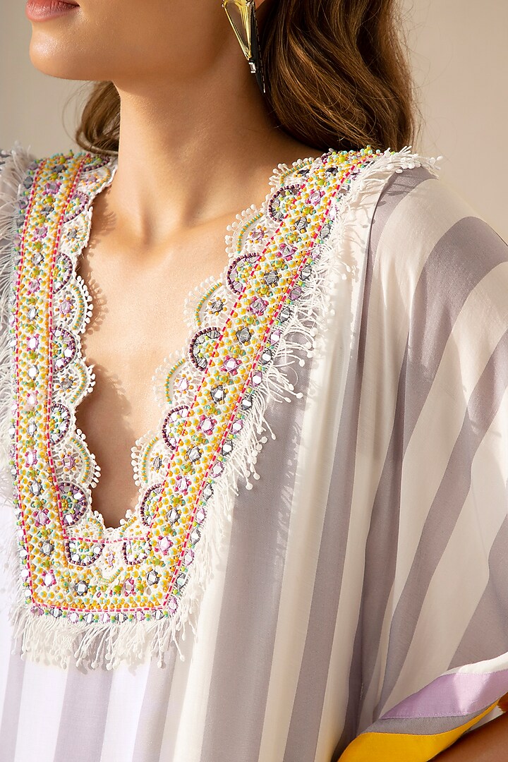 Mauve Grey & Ivory Muslin Embroidered Kaftan by Sureena Chowdhri at Pernia's Pop Up Shop