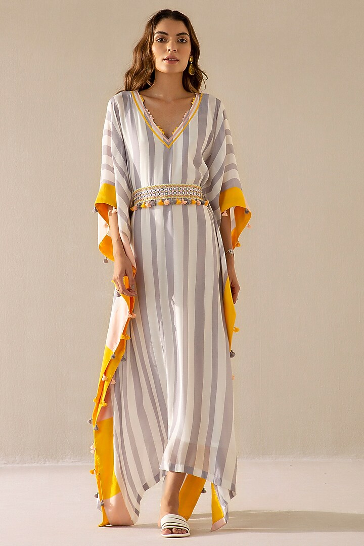 Mauve Grey & Ivory Muslin Embroidered Kaftan by Sureena Chowdhri at Pernia's Pop Up Shop