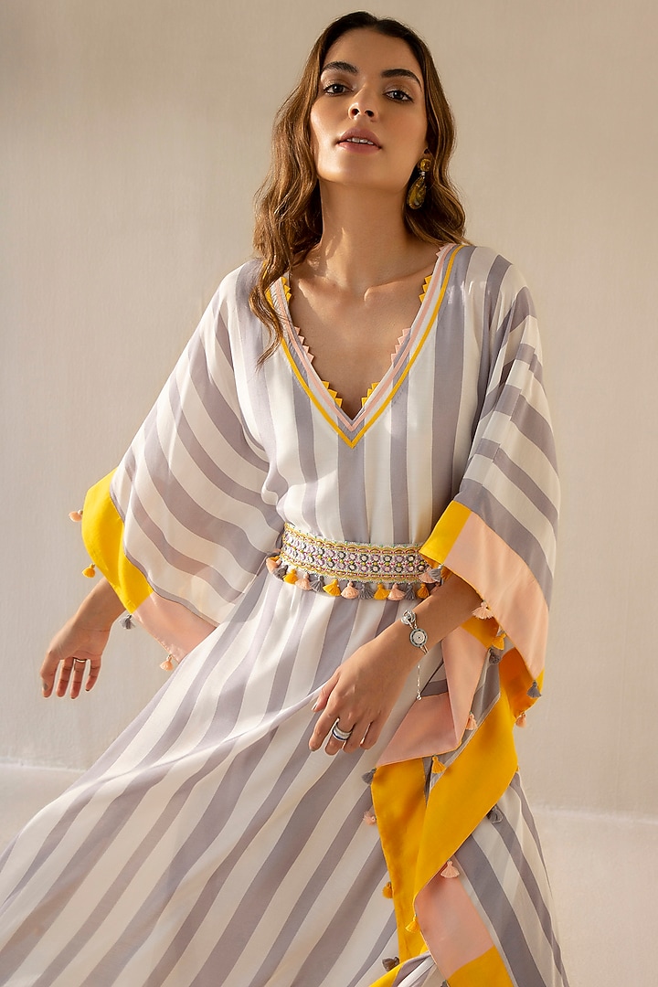 Mauve Grey & Ivory Muslin Embroidered Kaftan by Sureena Chowdhri at Pernia's Pop Up Shop