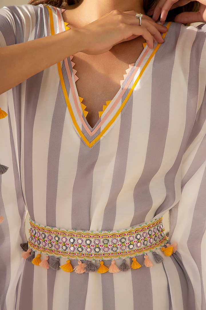 Mauve Grey & Ivory Muslin Embroidered Kaftan by Sureena Chowdhri at Pernia's Pop Up Shop