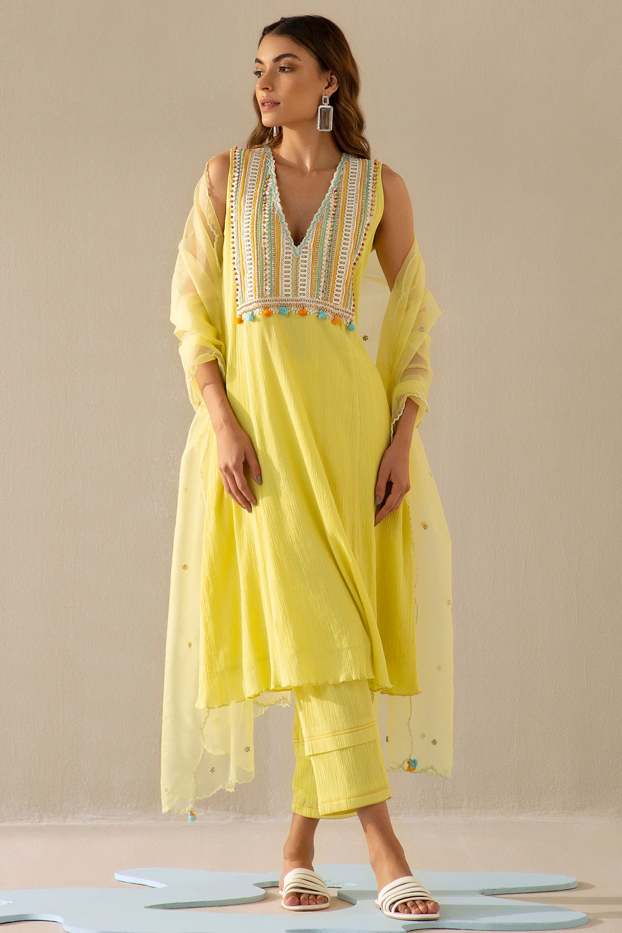 Lemon Yellow Cotton Gauze Embroidered Kurta Set by Sureena Chowdhri at ...