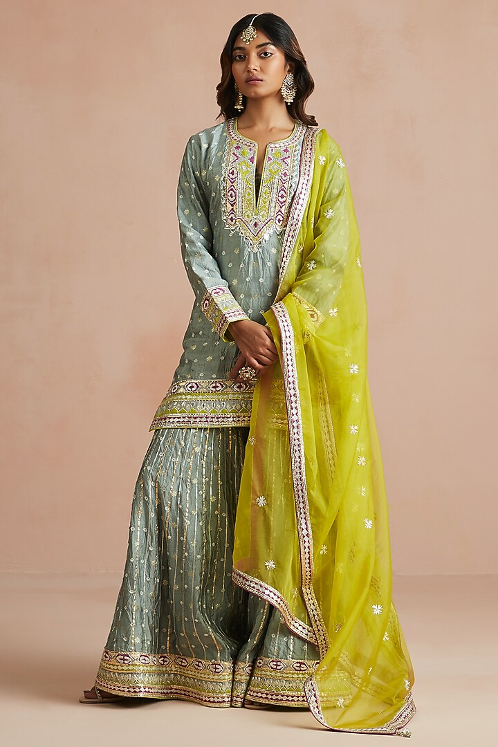 Iced Grey Bandhani Silk Gharara Set by Sureena Chowdhri at Pernia's Pop Up Shop