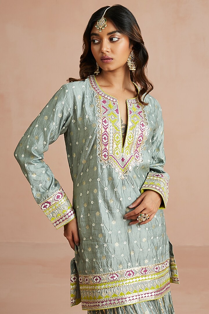 Iced Grey Bandhani Silk Gharara Set by Sureena Chowdhri at Pernia's Pop Up Shop