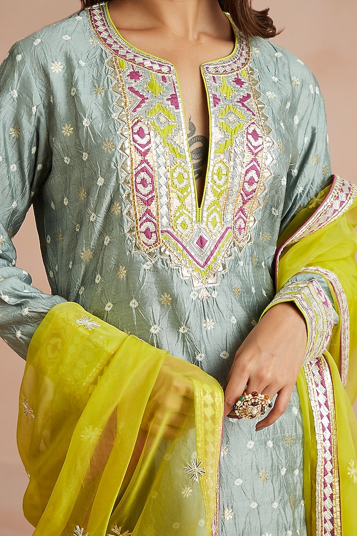 Iced Grey Bandhani Silk Gharara Set by Sureena Chowdhri at Pernia's Pop Up Shop
