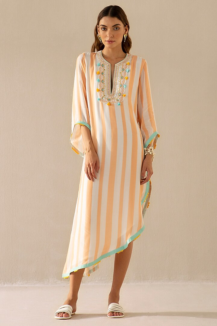 Peach & Ivory Muslin Stripe Asymmetrical Kaftan by Sureena Chowdhri at Pernia's Pop Up Shop