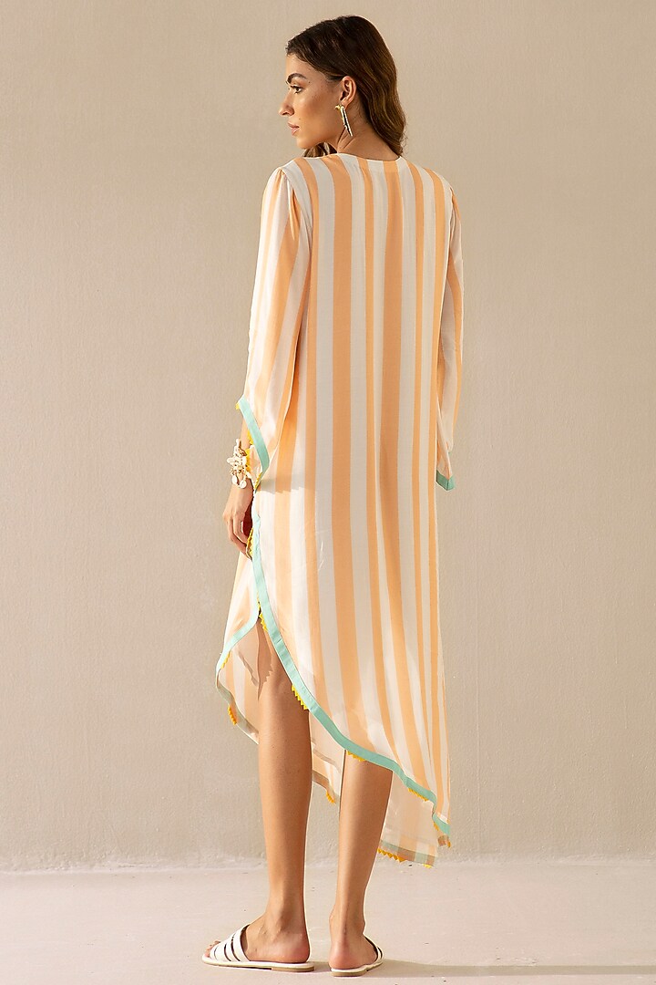 Peach & Ivory Muslin Stripe Asymmetrical Kaftan by Sureena Chowdhri at Pernia's Pop Up Shop