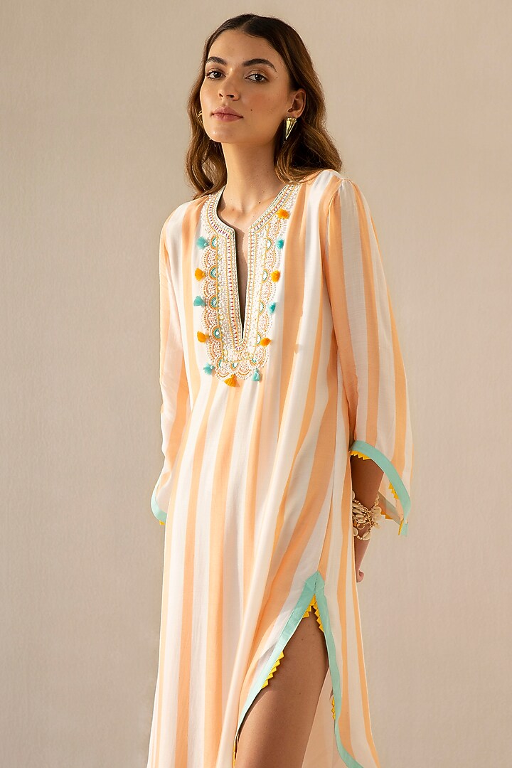 Peach & Ivory Muslin Stripe Asymmetrical Kaftan by Sureena Chowdhri at Pernia's Pop Up Shop