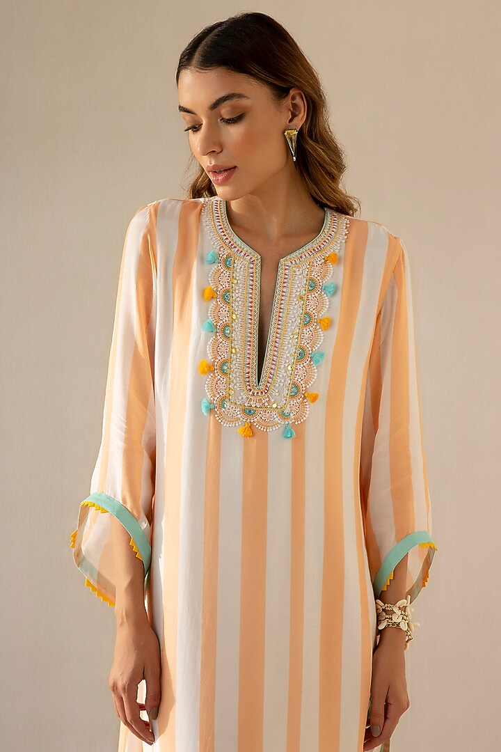 Peach & Ivory Muslin Stripe Asymmetrical Kaftan by Sureena Chowdhri at Pernia's Pop Up Shop