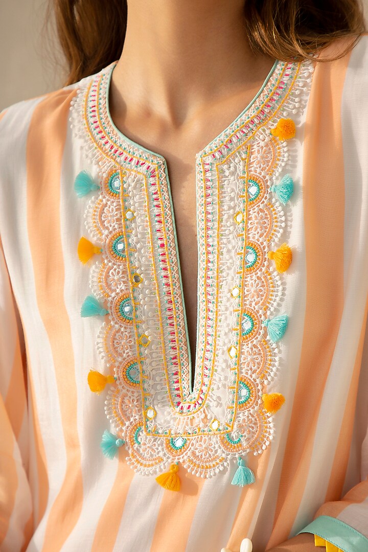 Peach & Ivory Muslin Stripe Asymmetrical Kaftan by Sureena Chowdhri at Pernia's Pop Up Shop