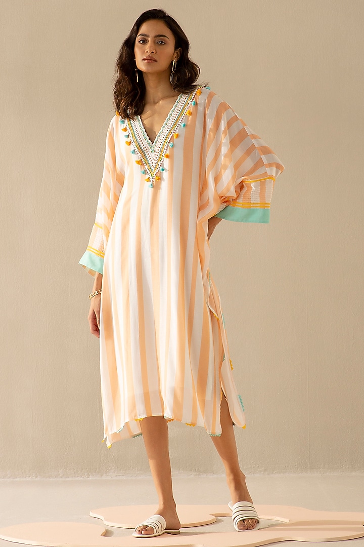Peach & Ivory Muslin Stripe Kaftan by Sureena Chowdhri at Pernia's Pop Up Shop