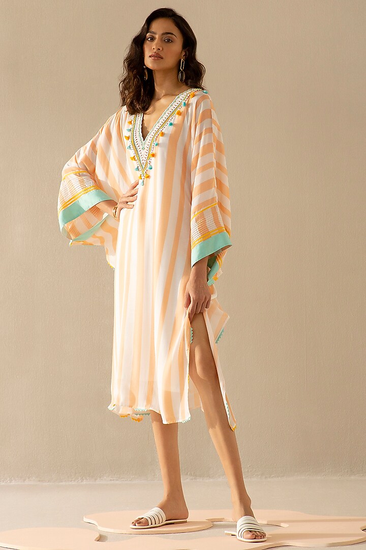 Peach & Ivory Muslin Stripe Kaftan by Sureena Chowdhri at Pernia's Pop Up Shop